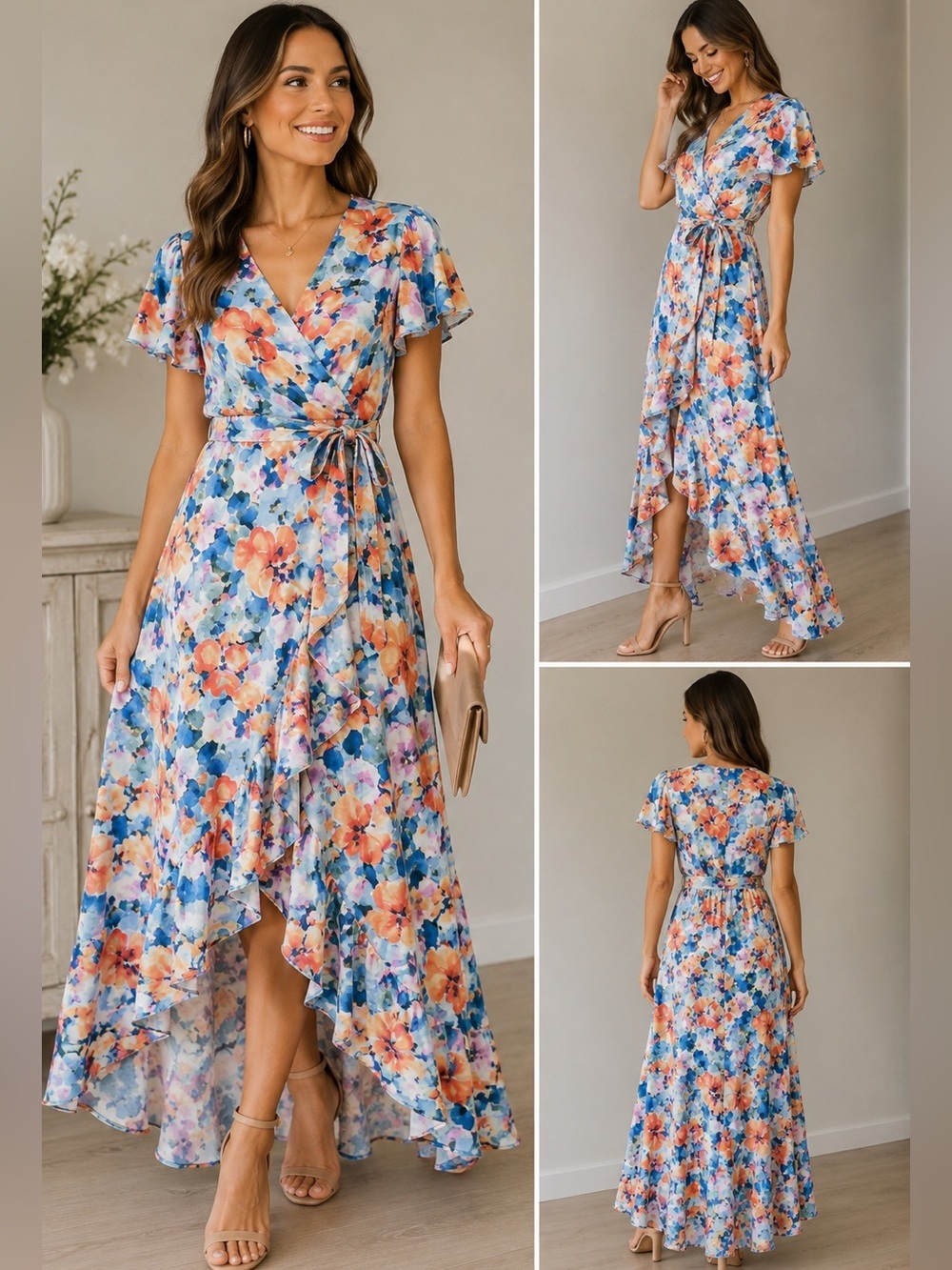 Nicole Miller New York Watercolor Floral High-Low Ruffle Dress size small